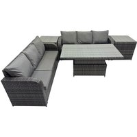 Fimous Rattan Garden Furniture Dining Set 6-seater with 2 Side Table in Dark Grey