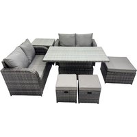 Fimous 7-seater Rattan Garden Furniture Dining Set with 3 Stool Side Table in Dark Grey