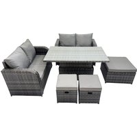 Fimous 7-seater Rattan Garden Furniture Dining Set with 3 Stool in Dark Grey