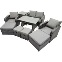 Fimous 8 Seater Rattan Sofa Oblong Dining Table with 2 Big Stool Side Table in Dark Grey