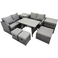 Fimous 7 Seater Rattan Sofa Oblong Dining Table with 2 Side Tables Dark Grey
