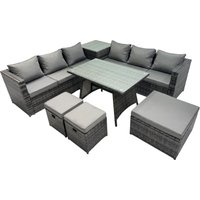 Fimous Garden Rattan Furniture Set 9 Seater with Side Table 3 Stool Dark Grey