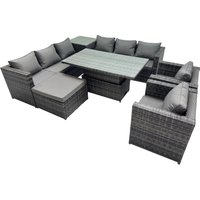 Fimous 9 Seater Outdoor Garden Rattan Furniture Set with Side Table Big Stool in Dark Grey