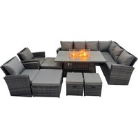Fimous Rattan Corner Sofa Chair Set Gas Fire Pit Table with 4 Footstools in Dark Grey
