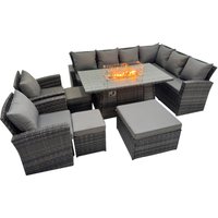 Fimous Rattan Corner Sofa Chair Set Gas Fire Pit Table with 3 Footstools in Dark Grey