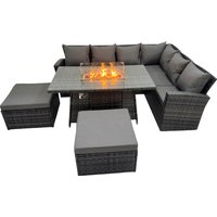 Fimous Rattan Corner Sofa Chair Set Gas Fire Pit Table with 2 Big Footstools in Dark Grey