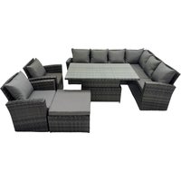 Fimous 9 Seat Rattan Garden Furniture Corner Sofa Set with Big Footstool in Dark Grey