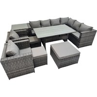 Fimous 11 Seater Patio Dining Corner Sofa Sets with 2 Chairs 3 Stools in Dark Grey