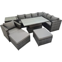 Fimous 9 Seater Rattan Corner Sofa Sets with Chair 2 Big Stools Side Table in Dark Grey