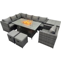 Fimous Rattan Garden Furniture Dining Set 9-seater with Side Table 2 Stool in Dark Grey