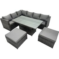 Fimous 8-seater Rattan Garden Furniture Dining Set with 2 Big Stool in Dark Grey