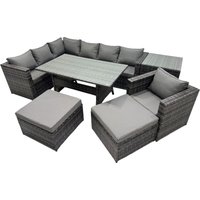 Fimous Outdoor PE Rattan Sofa Set with with Side Table 2 Big Stool in Dark Grey