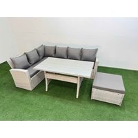 Fimous 7 Seater Rattan Garden Furniture Set with Dining Table Big Footstool in Light Grey