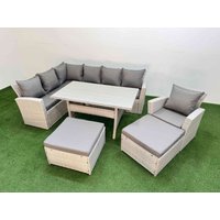 Fimous 9 Seater Rattan Garden Furniture Set with Dining Table Chair Footstool in Light Grey