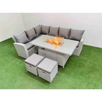 Fimous 8 Seat Rattan Garden Furniture Corner Sofa Set Outdoor Gas Fire Pit Table Sets with 2 Small Footstools Light Grey