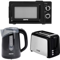 Geepas Kettle Toaster & Microwave Set - 1.7L Electric Kettle, 2‑Slice Toaster & 20L 700W Microwave in Black