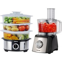 Geepas 12L Food Steamer 3 Tier & 1200W Compact Food Processor Combo Set in Silver