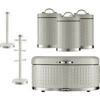 Geepas 6 Pc Tea Coffee Sugar Canister, Bread Bin, Mug Tree & Towel Pole Set in Cream