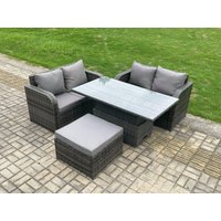 Fimous Outdoor Rattan Furniture Garden Dining Set Height Adjustable Rising lifting Table Love Sofa Set With Big Footstool in Dark Grey