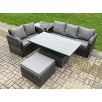 Fimous 6 Seater Outdoor Rattan Garden Furniture Sets Height Adjustable Rising lifting Dining Table Lounge Sofa Set in Dark Grey