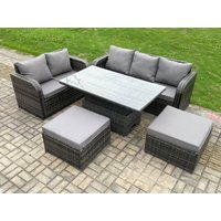 Fimous Outdoor Rattan Garden Furniture Sets Height Adjustable Rising lifting Dining Table Lounge Sofa Set in Dark Grey