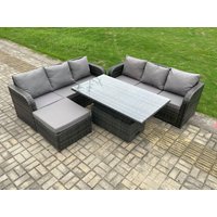 Fimous Outdoor Rattan Garden Furniture Sets Height Adjustable Rising lifting Dining Table Sofa Set with Big Footstool in Dark Grey