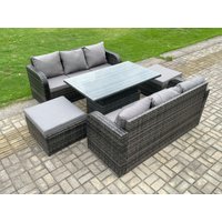 Fimous Outdoor Rattan Garden Furniture Sets Height Adjustable Rising lifting Dining Table Sofa Set with 2 Big Footstool in Dark Grey