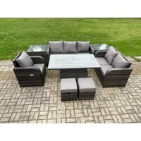 Fimous Rattan Outdoor Furniture Garden Dining Set Patio Height Adjustable Rising lifting Table Reclining Chair Sofa With 2 Small Footstools