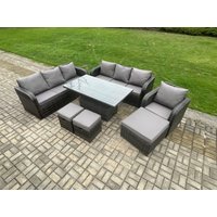 Fimous Outdoor Rattan Garden Furniture Sets Height Adjustable Rising lifting Dining Table Sofa Set with Reclining Chair Dark Grey Mixed