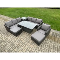 Fimous PE Rattan Outdoor Garden Furniture Sets Height Adjustable Rising lifting Dining Table Sofa Set with Side Tables Reclining Chair in Dark Grey
