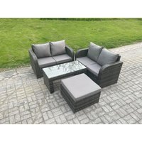 Fimous High Back Rattan Garden Furniture Set with Loveseat Sofa Coffee Table Footstool Outdoor Patio Lounge Sofa Set in Dark Grey