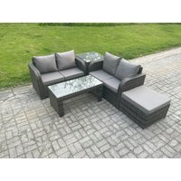 Fimous High Back Rattan Garden Furniture Set with Loveseat Sofa Coffee Table Big Footstool Side Table Indoor Outdoor in Dark Grey