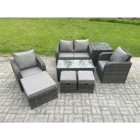 Fimous 7 Seater Rattan Lounge Sofa Set Outdoor Garden Furniture Set with Rectangular Coffee Table Love Sofa Side Table in Dark Grey