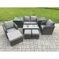 Fimous Rattan Lounge Sofa Set Outdoor Garden Furniture Set with Rectangular Coffee Table Love Sofa 2 Side Tables 3 Footstools in Dark Grey