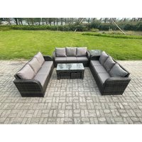 Fimous 11 Seater Outdoor Lounge Sofa Set Rattan Garden Furniture Set with Rectangular Coffee Table Side Table 2 Small Footstools 3 Seater Sofa