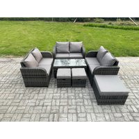 Fimous Outdoor Garden Furniture Sets 7 Pieces Wicker Rattan Furniture Sofa Sets with Rectangular Coffee Table Love seat Sofa 3 Footstools in Dark Grey