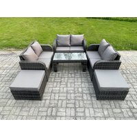 Fimous Rattan Wicker Garden Furniture Patio Conservatory Sofa Set with Rectangular Coffee Table Reclining Chair Love Sofa 2 Big Footstool in Dark Grey