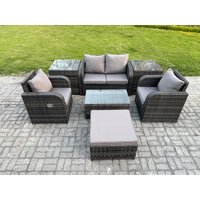 Fimous Wicker PE Rattan Outdoor Furniture Set Garden Love Sofa Coffee Table 2 Armchair 2 Side Tables Footstool Dark Grey Mixed