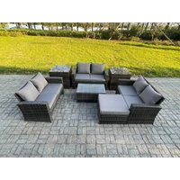 Fimous 7pc Rattan Sofa Garden Furniture Outdoor Patio Set with 2 Side Tables Big Footstool Double Seat Sofa Dark Grey Mixed