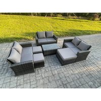 Fimous 7pc Rattan Sofa Garden Furniture Outdoor Patio Set with 3 Footstools Double Seat Sofa Dark Grey Mixed