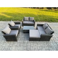Fimous Garden Furniture Sets 6 Pieces Outdoor Rattan Furniture Manual Wicker Patio Sofa Chair Set with Coffee Table Big Footstool in Dark Grey