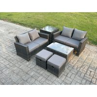 Fimous Wicker Rattan Garden Furniture Sofa Set with Rectangular Coffee Table Double Seat Sofa 2 Small Footstool Side Table 6 Seater in Dark Grey