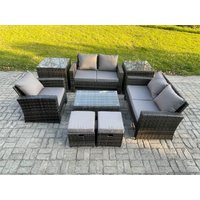 Fimous Rattan Garden Furniture Set 7 Seater Patio Outdoor Lounge Sofa Chair Set with Rectangular Coffee Table 2 Small Footstools 2 Side Tables