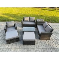 Fimous Rattan Garden Furniture Set 7 Seater Patio Outdoor Lounge Sofa Chair Set with Rectangular Coffee Table 2 Big Footstool Side Table in Dark Grey