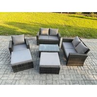 Fimous Outdoor Rattan Garden Furniture Set 7 Seater Patio Lounge Sofa Set with Coffee Table 2 Big Footstool Dark Grey Mixed