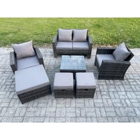 Fimous Rattan Wicker Garden Furniture Patio Conservatory Sofa Set with Square Coffee Table Armchair 2 Seater Sofa 3 Footstools in Dark Grey