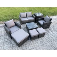 Fimous Rattan Garden Furniture Patio Conservatory Sofa Set with Square Coffee Table Armchair 2 Seater Sofa 3 Footstools in Dark Grey