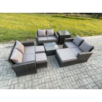 Fimous Outdoor Lounge Sofa Set Wicker PE Rattan Garden Furniture Set with Square Coffee Table 3 Footstools Side Table in Dark Grey