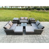Fimous Outdoor Lounge Sofa Set Wicker PE Rattan Garden Furniture Set with Square Coffee Table Double Seat Sofa Big Footstool in Dark Grey