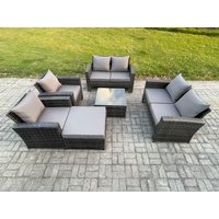 Fimous Rattan Garden Furniture Set 7 Seater Patio Outdoor Lounge Sofa Set with Square Coffee Table Double Seat Sofa Big Footstool in Dark Grey